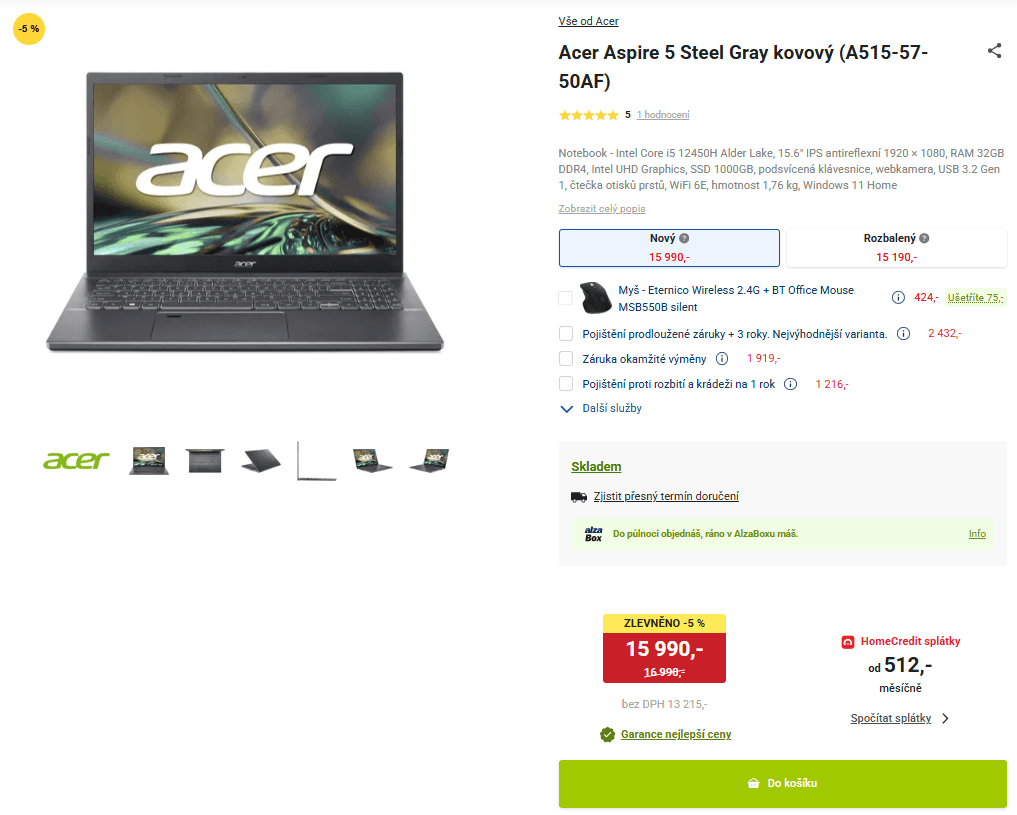 Acer i5 4,4GHz, 32/1000GB, 15,6"